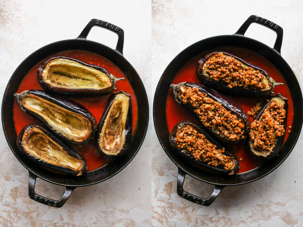 Eggplants being filled with lentil mixture