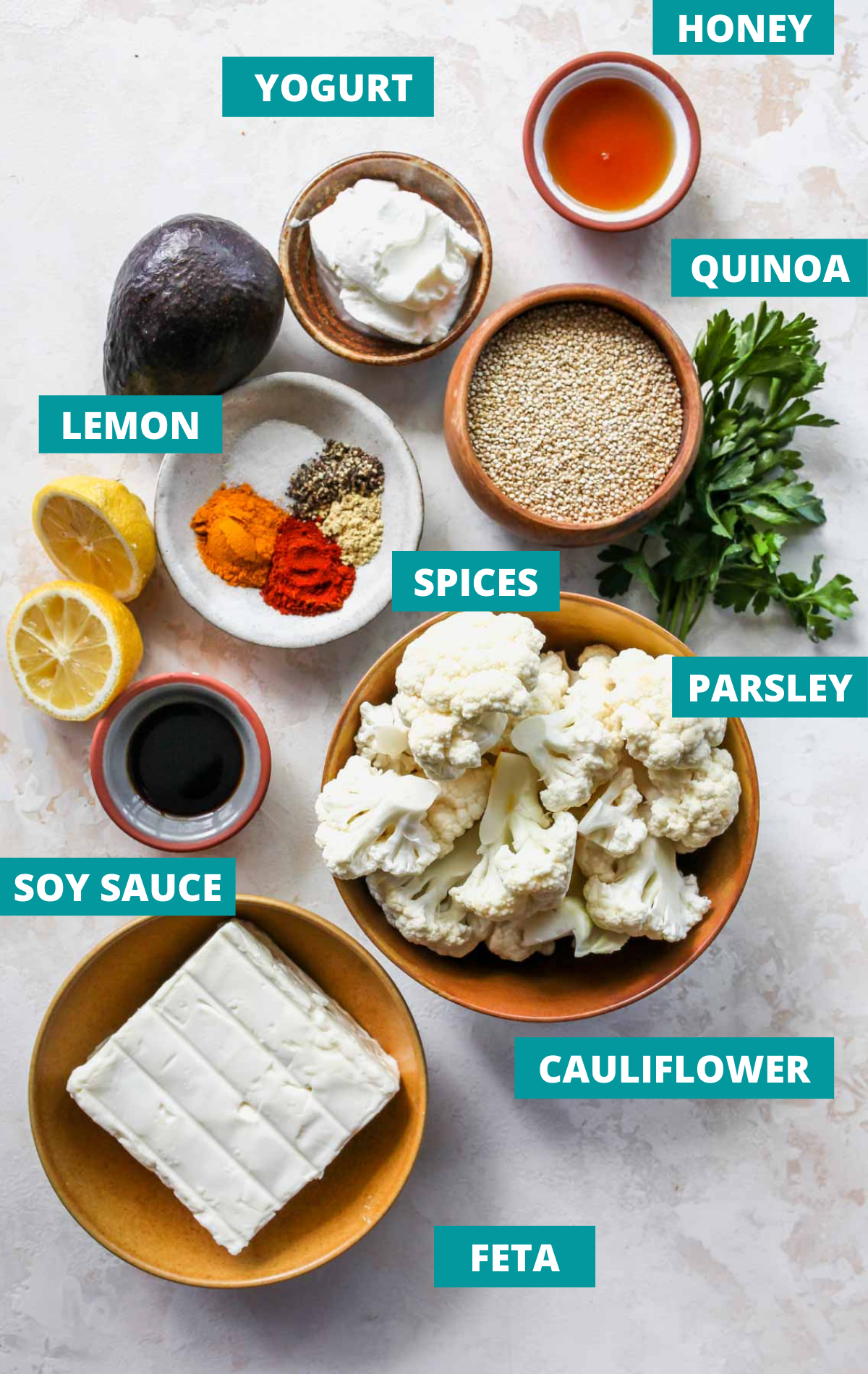 Recipe ingredients in bowls on a white surface with blue labels