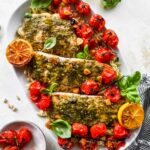 Baked Pesto Salmon with Roasted Tomato Orzo
