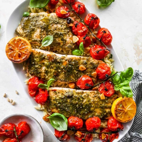 Baked Pesto Salmon with Roasted Tomato Orzo