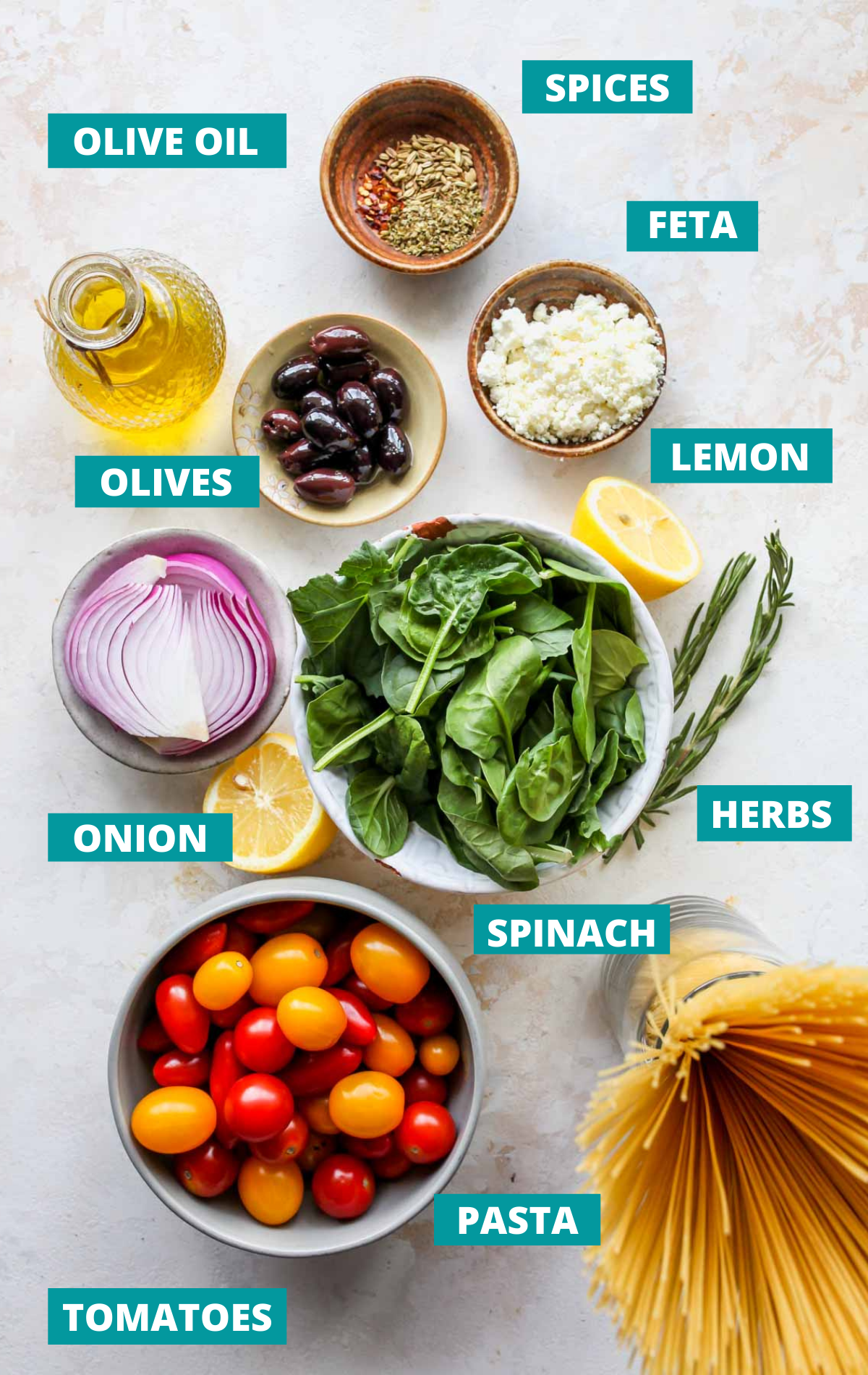 Recipe ingredients on a white board in separate bowls with blue labels