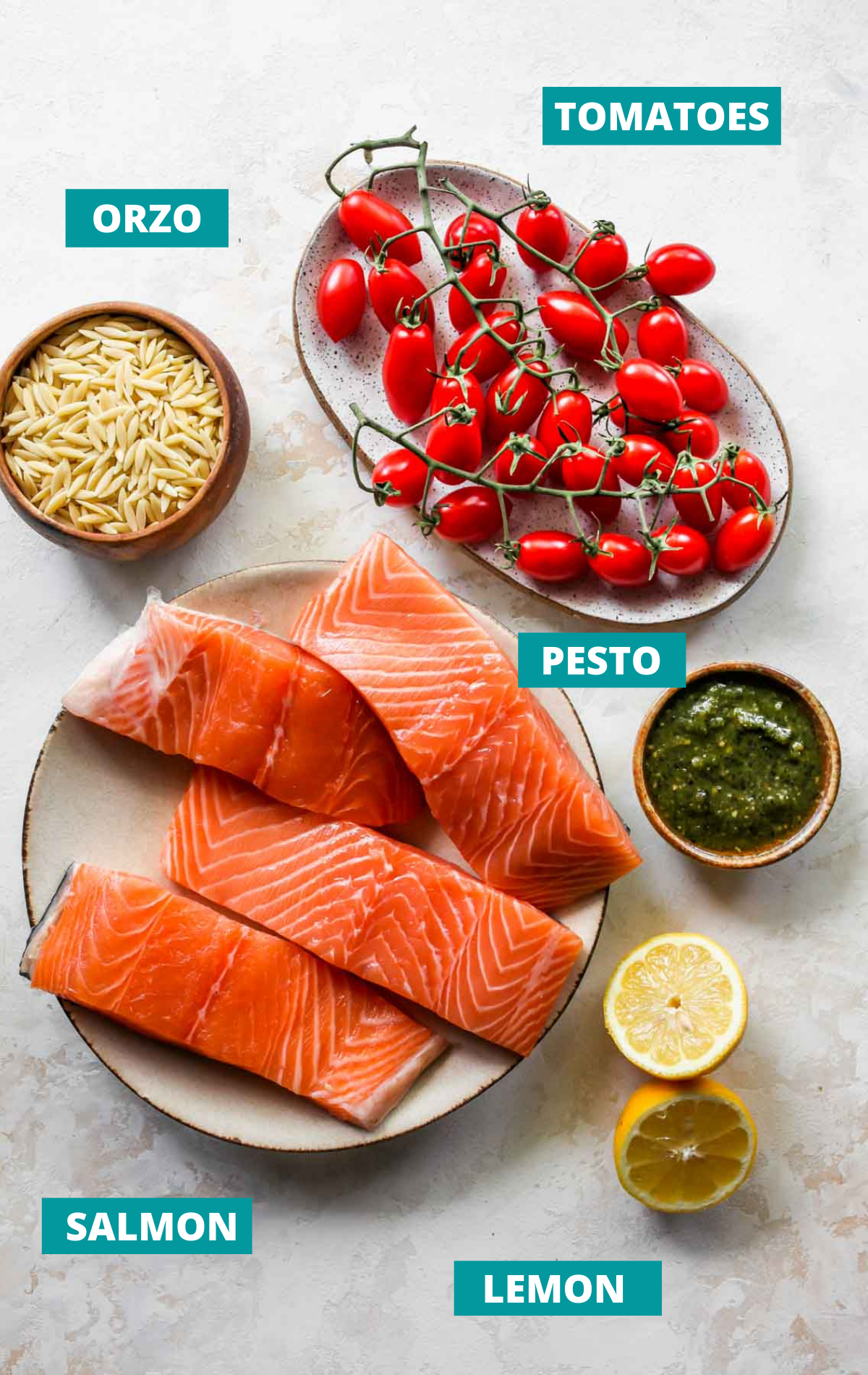 Salmon, pesto, tomatoes, and orzo in separate bowls with ingredient labels