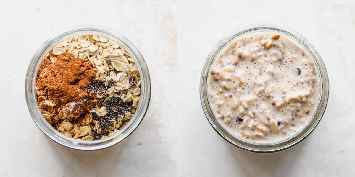 Overnight oats being prepared in a glass jar