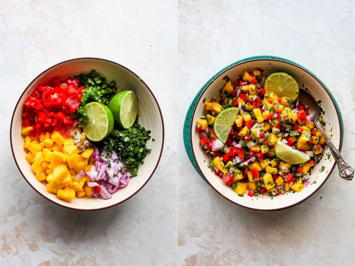 Mango, bell pepper, red onion, and cilantro being mixed together in a bowl