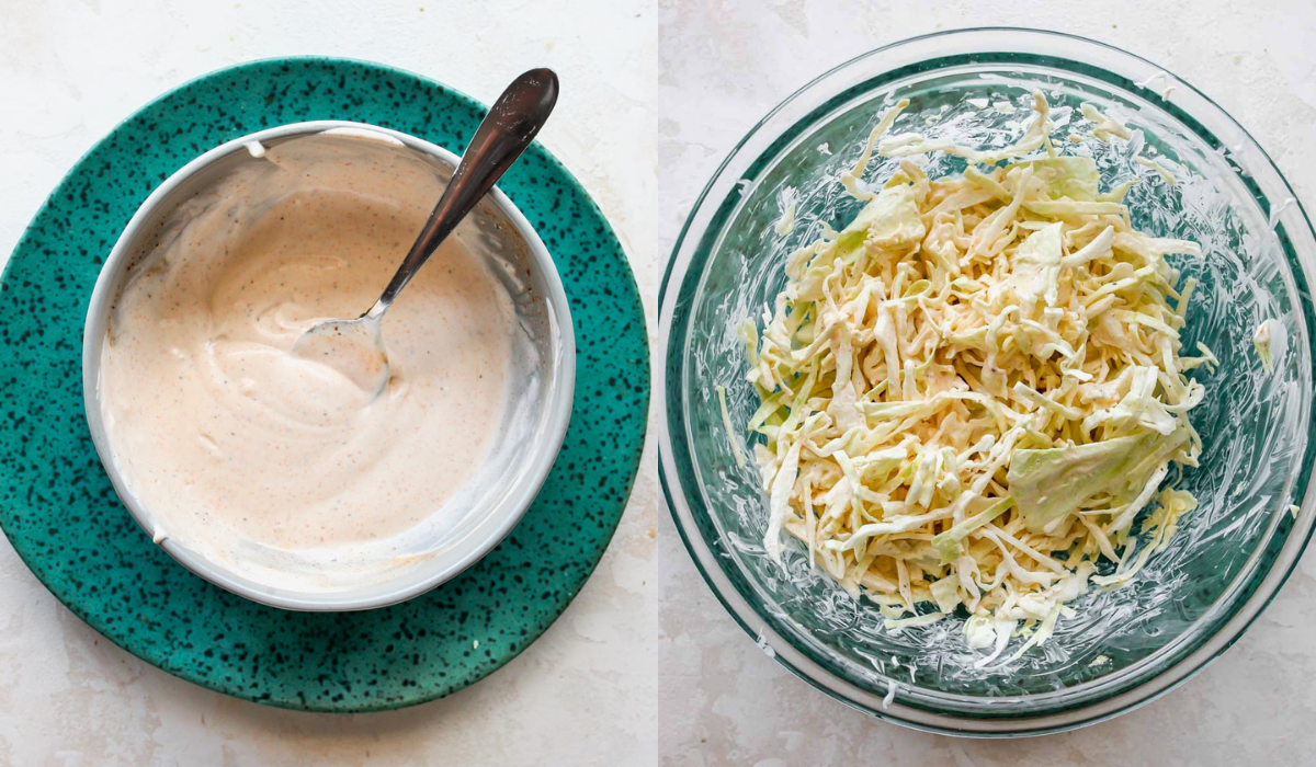 Baja sauce being mixed together and stirred into a slaw