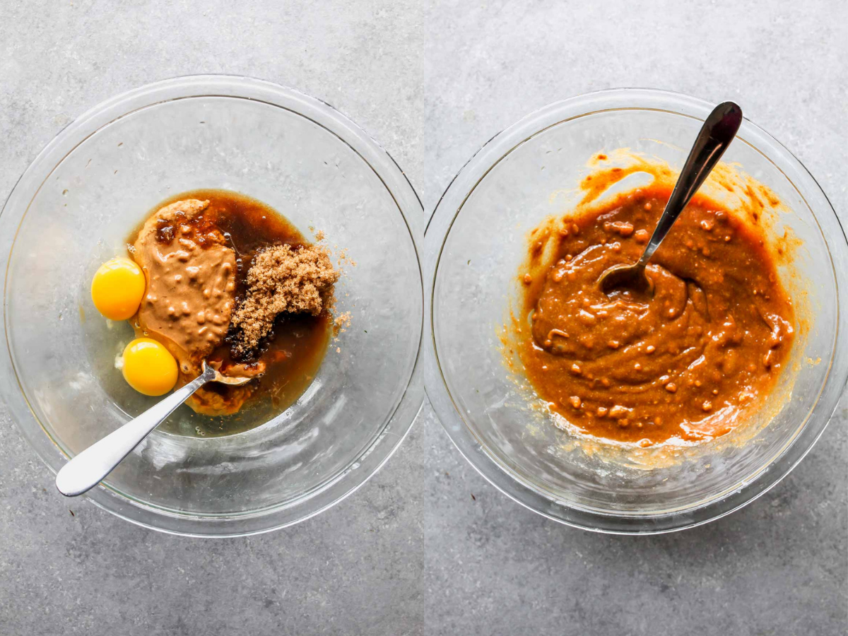 Eggs, peanut butter, and oil being whisked together in a bowl