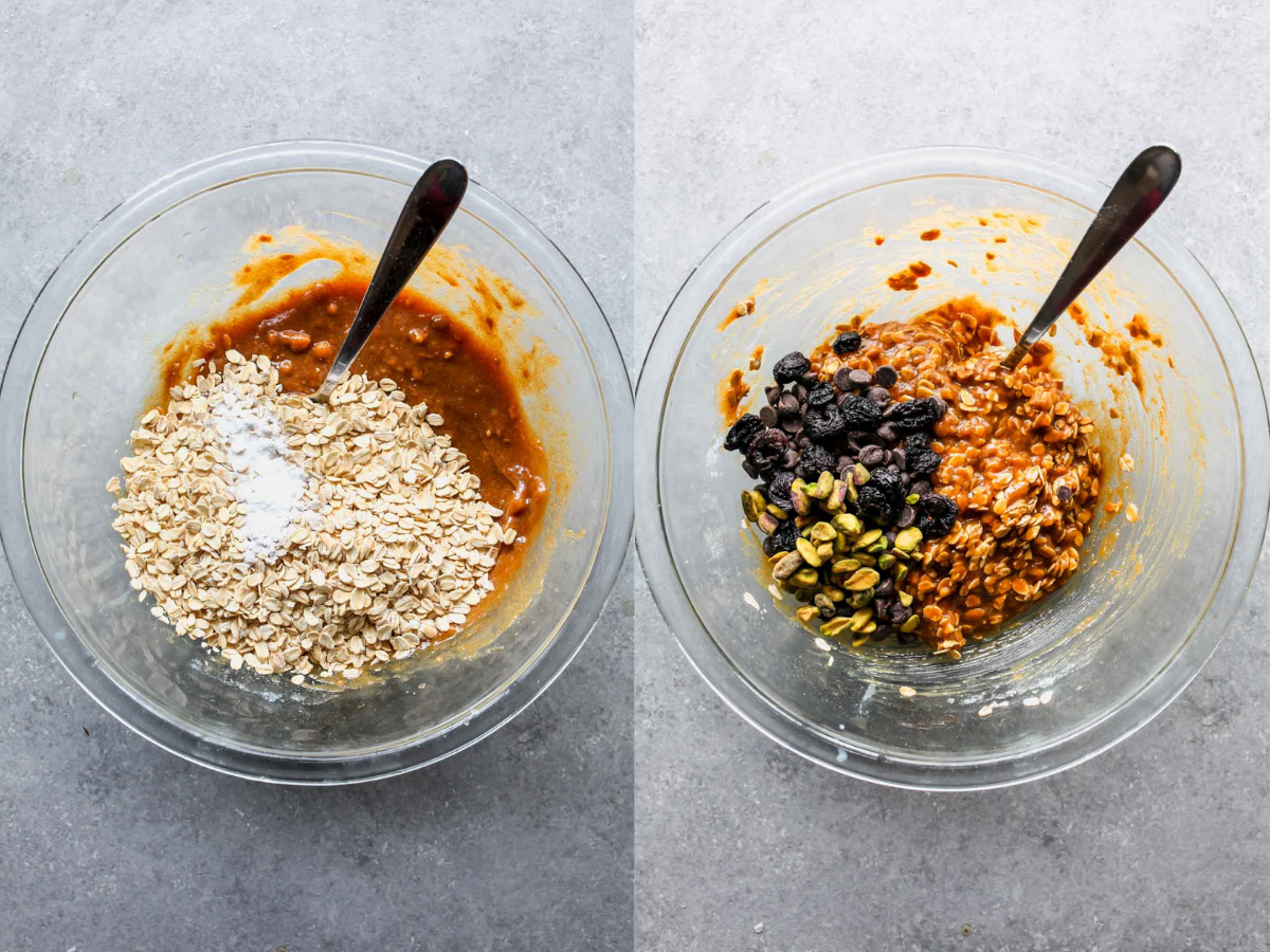 Oats and baking soda being stirred into a bowl of peanut butter and eggs