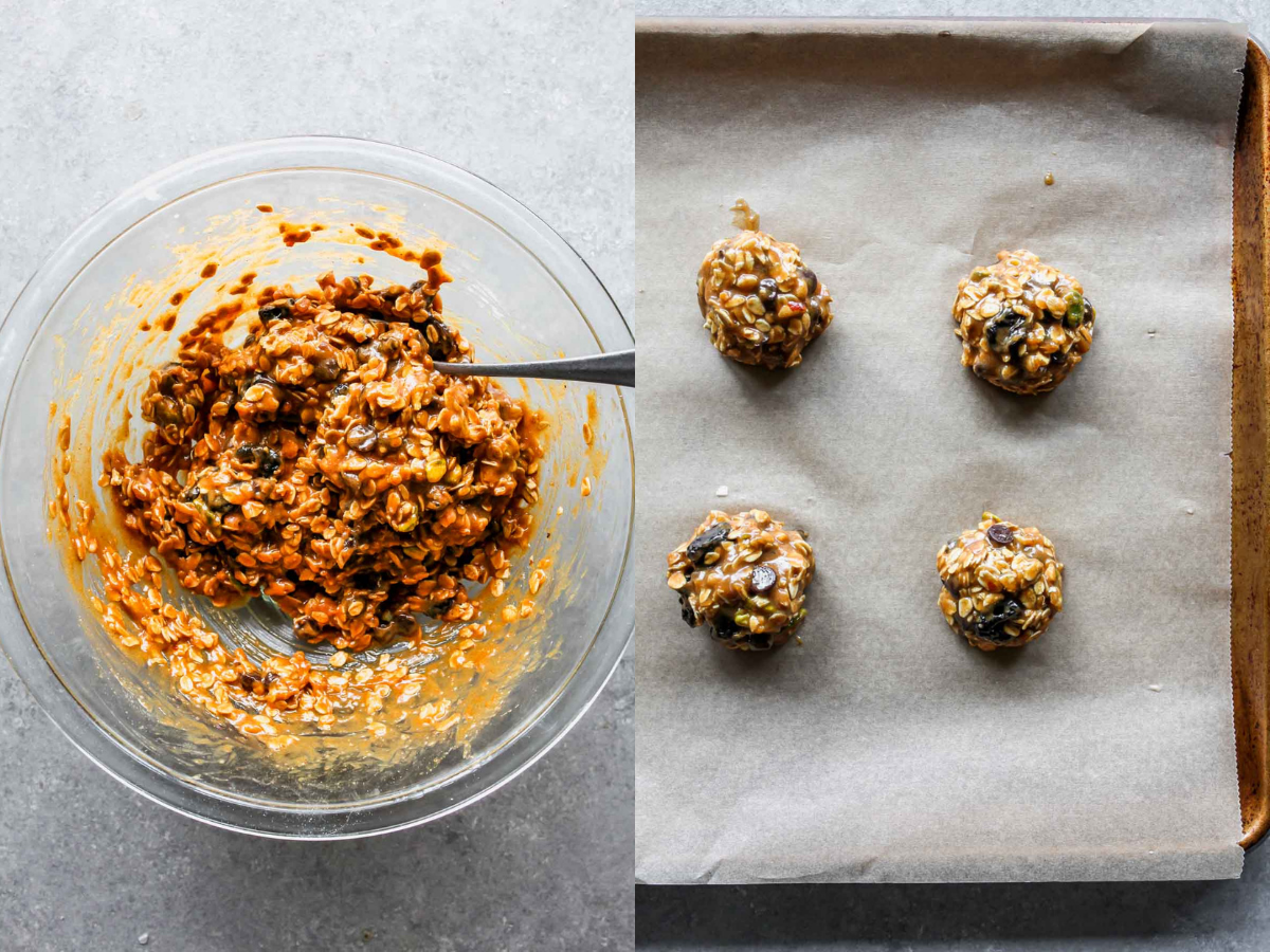 Cookie dough being mixed together and arranged on a baking sheet
