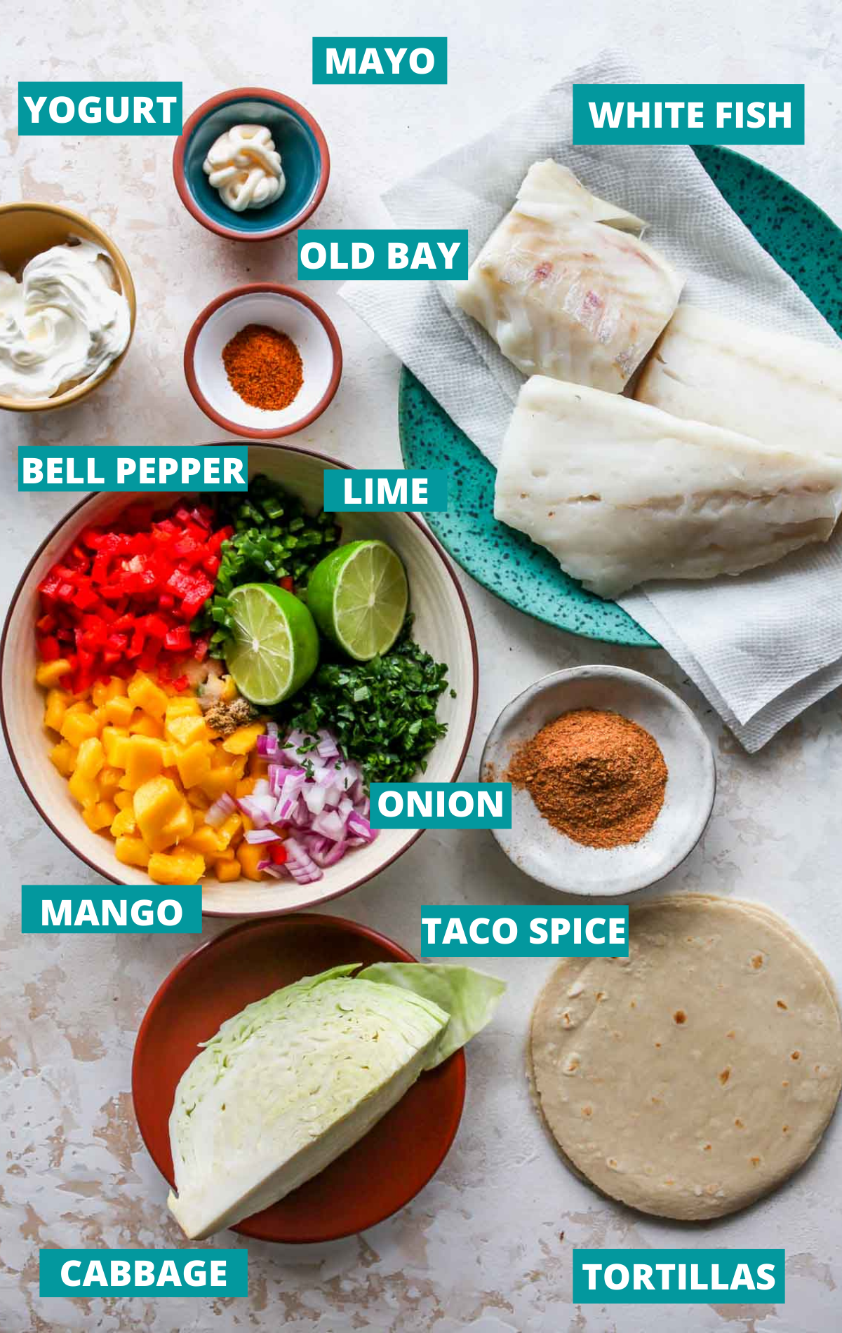 Fish taco ingredients on a white board with blue labels