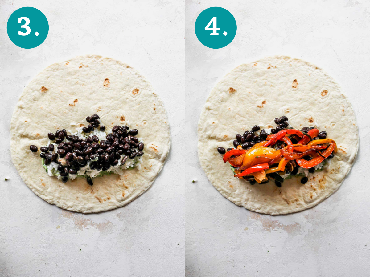 Black beans and fajita veggies being added to a tortilla