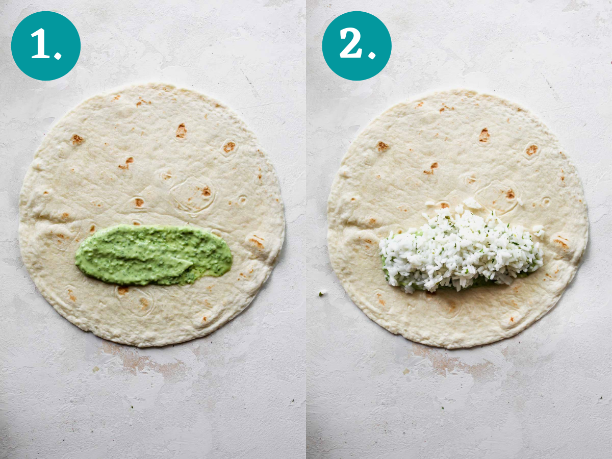 Avocado cream and rice being added to a tortilla