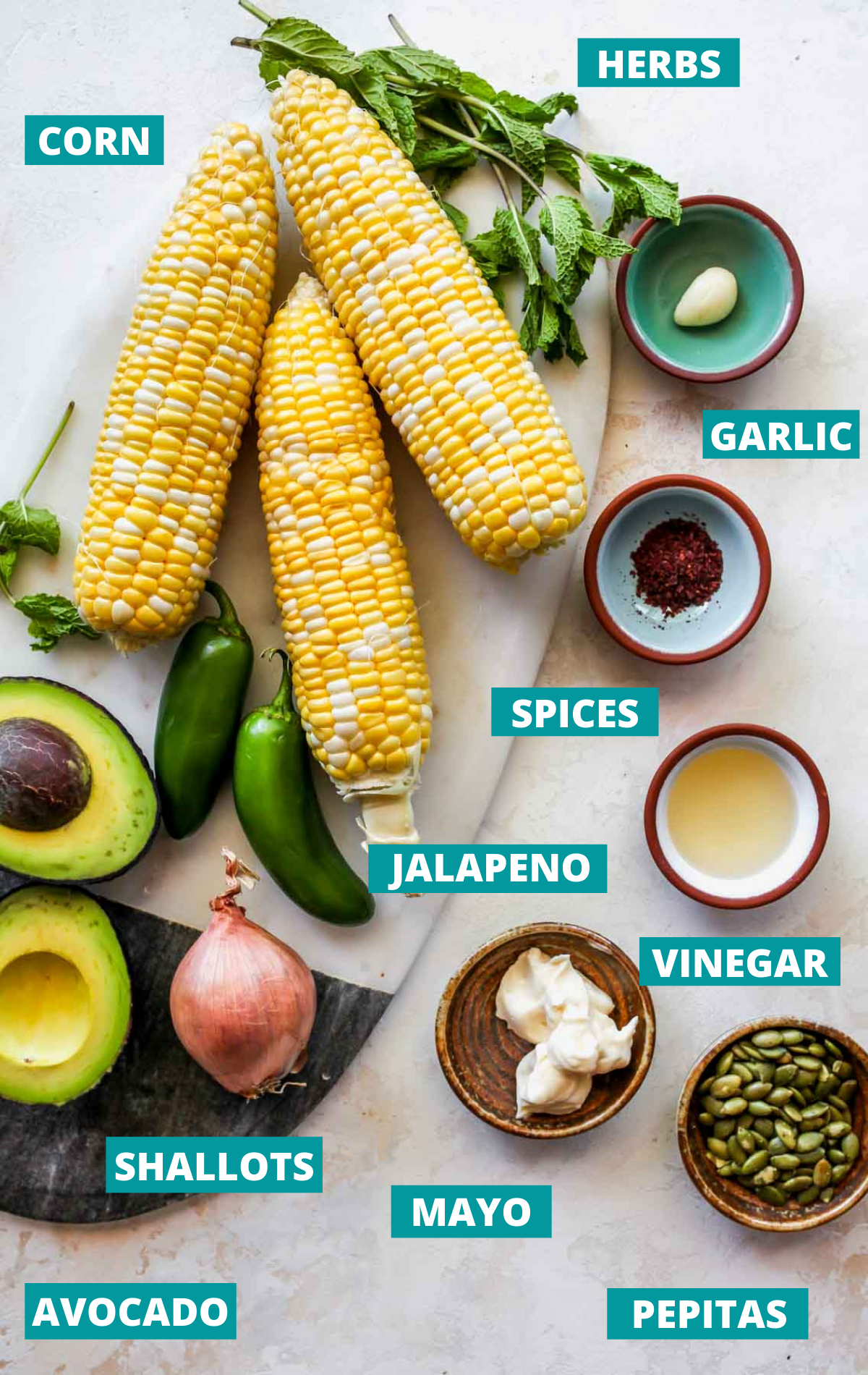 Recipe ingredients on display with blue labels