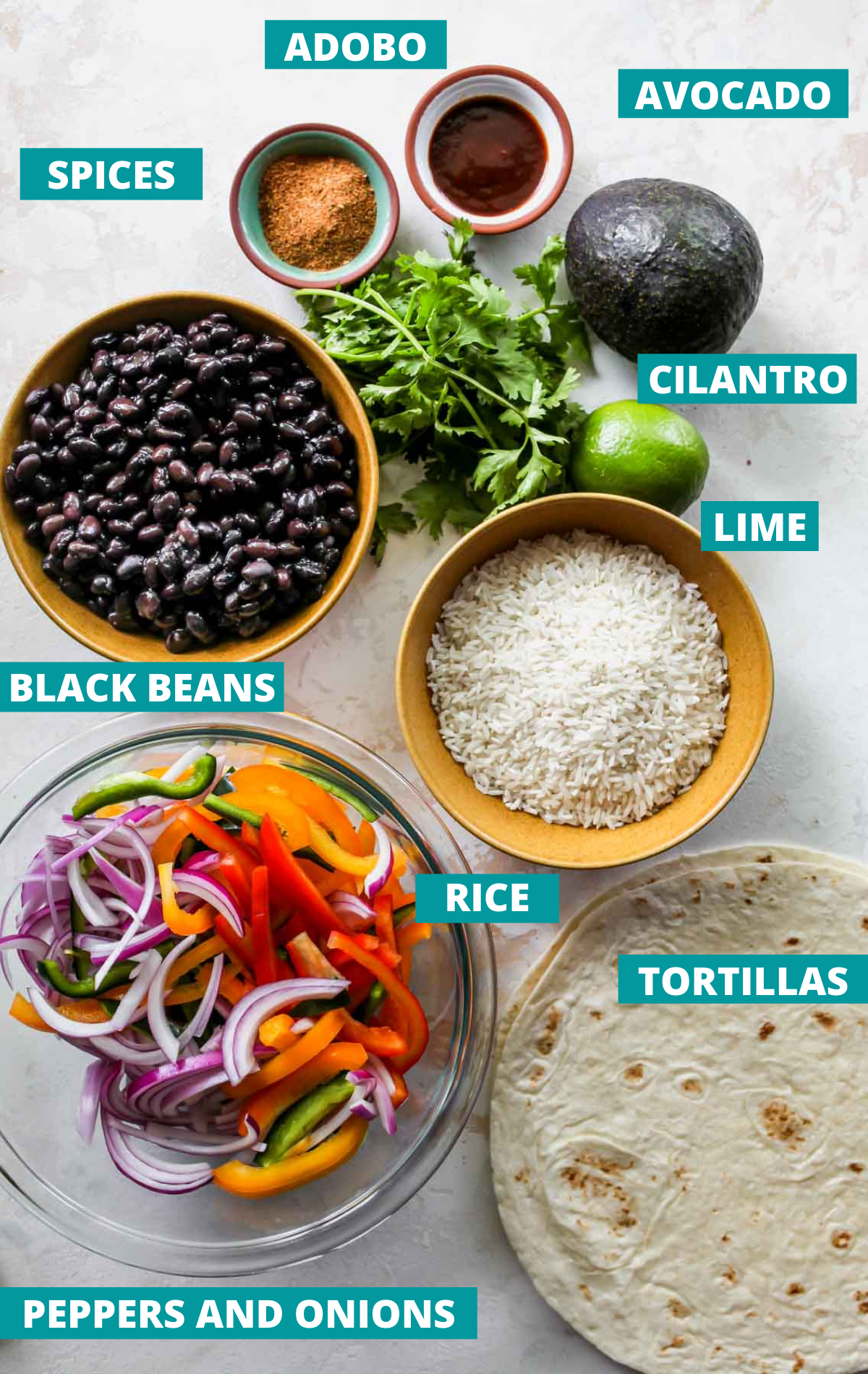 Burrito ingredients in separate bowls with blue labels