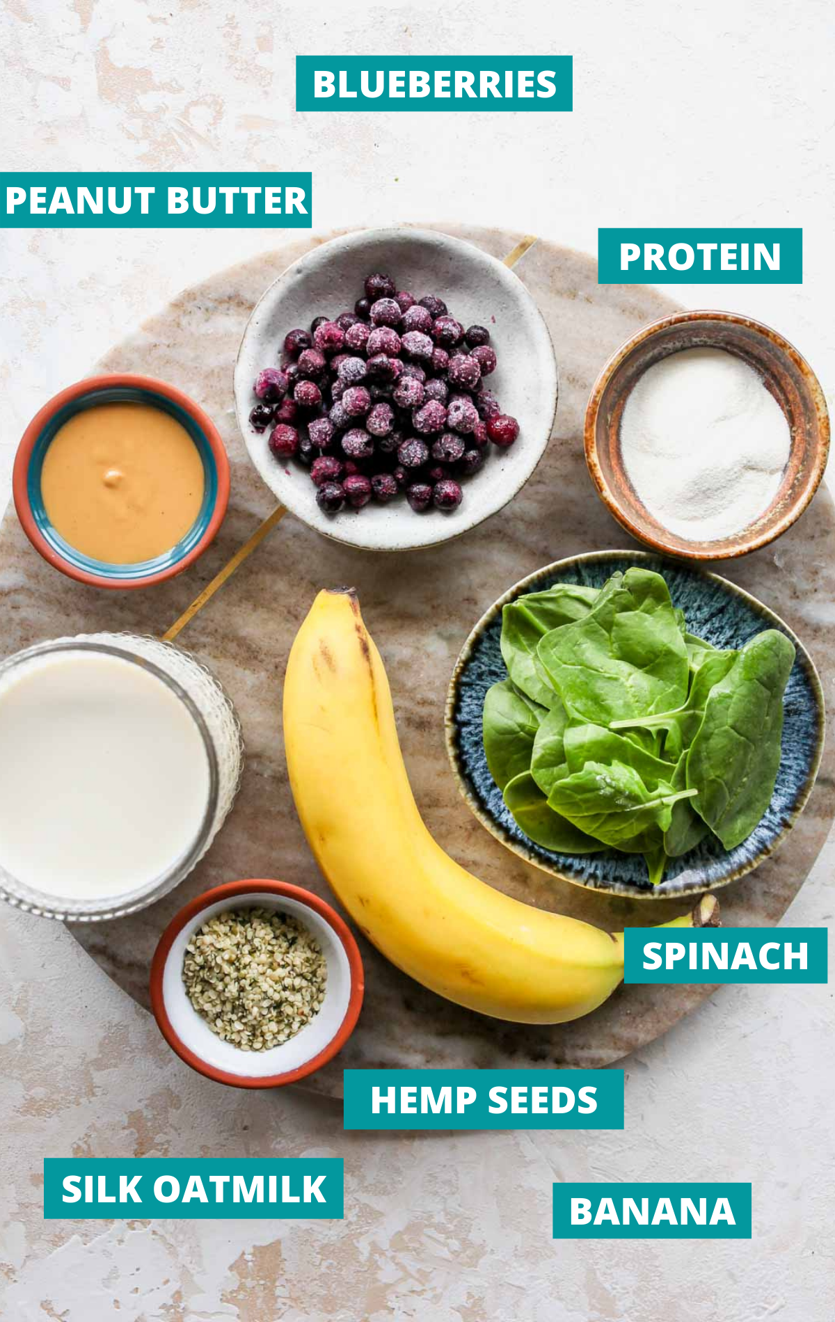Recipe ingredients on a serving platter with blue labels