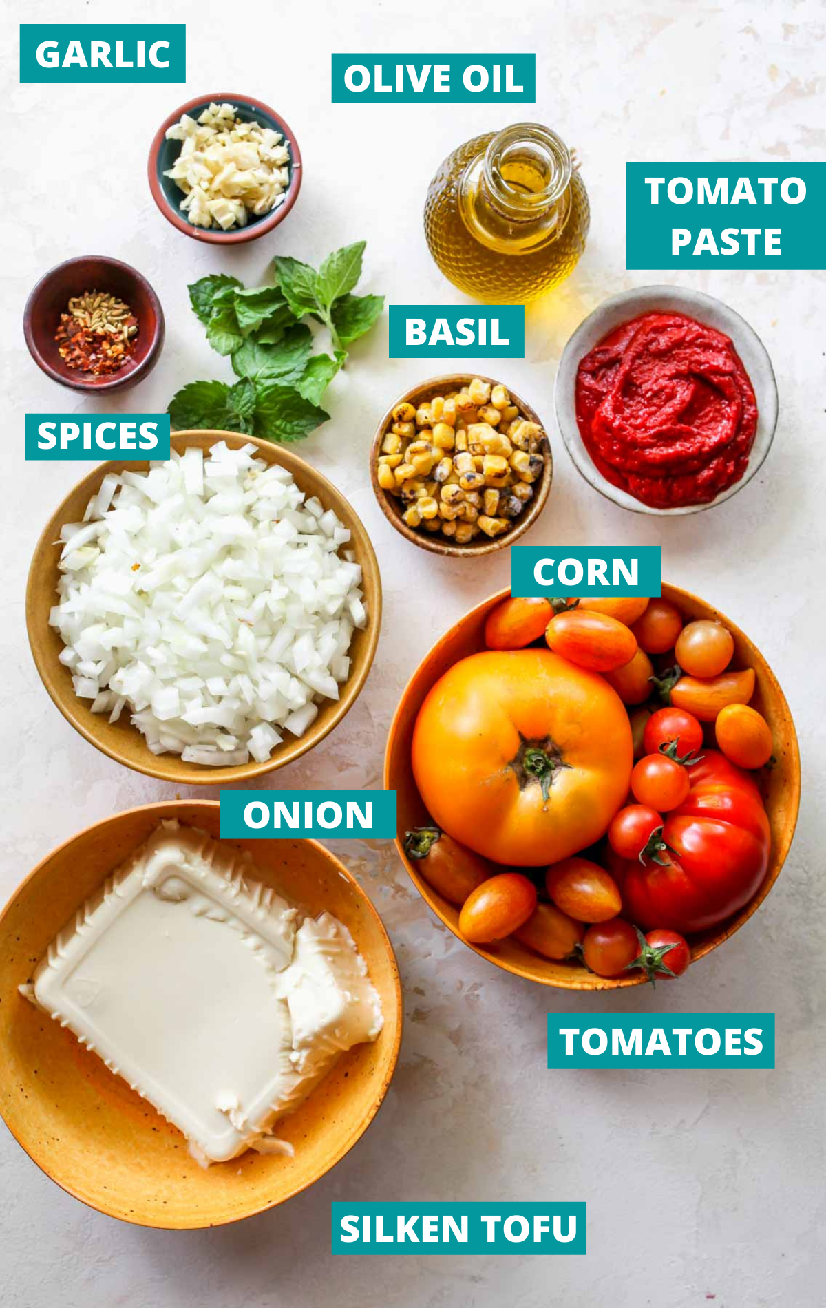 Soup ingredients on a white board with blue labels