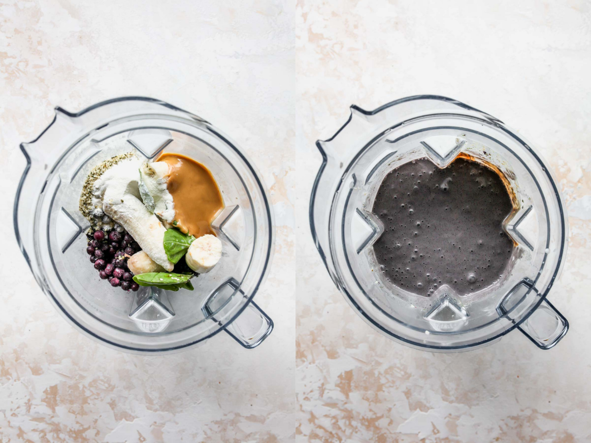 Fruit, peanut butter, and spinach being blended until smooth in a blender