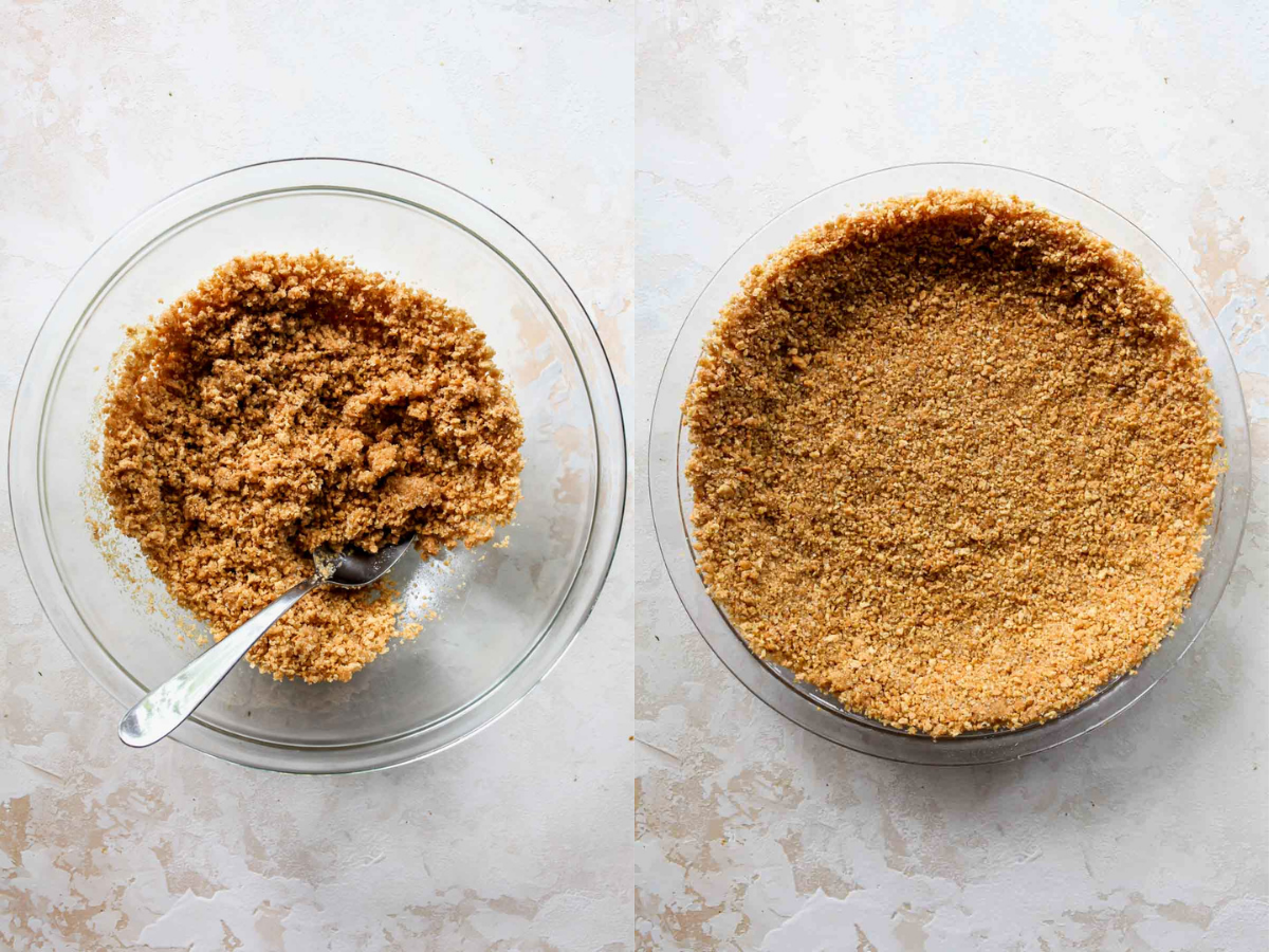 Graham cracker crust being formed inside a pie plate