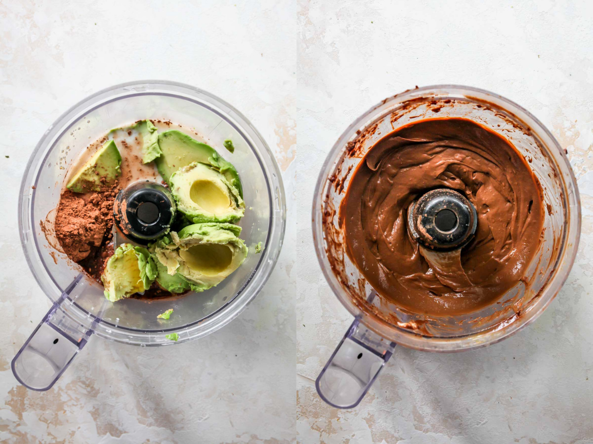 Chocolate avocado pudding being blended in a food processor