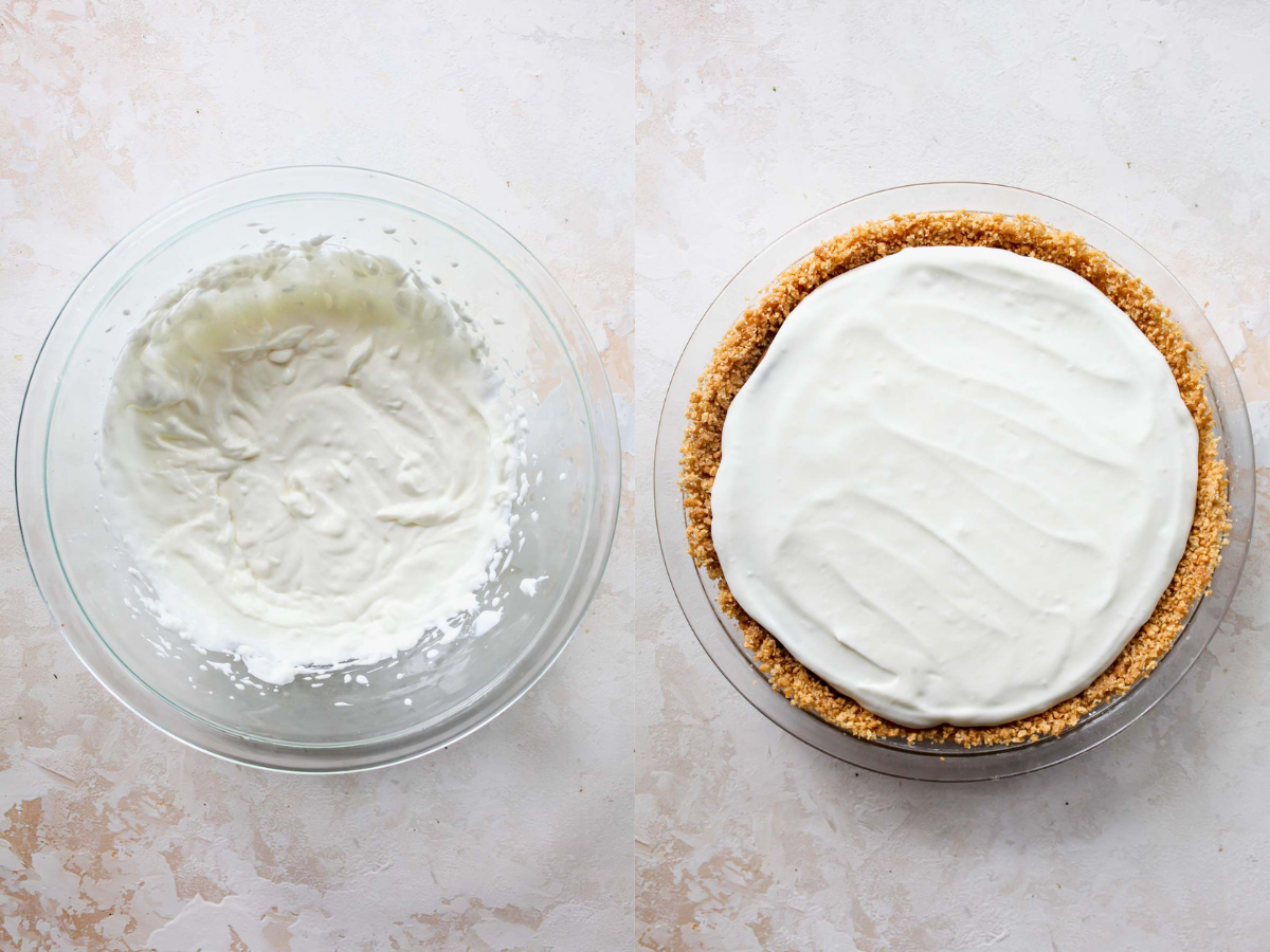 Marshmallow greek yogurt being mixed in a bowl