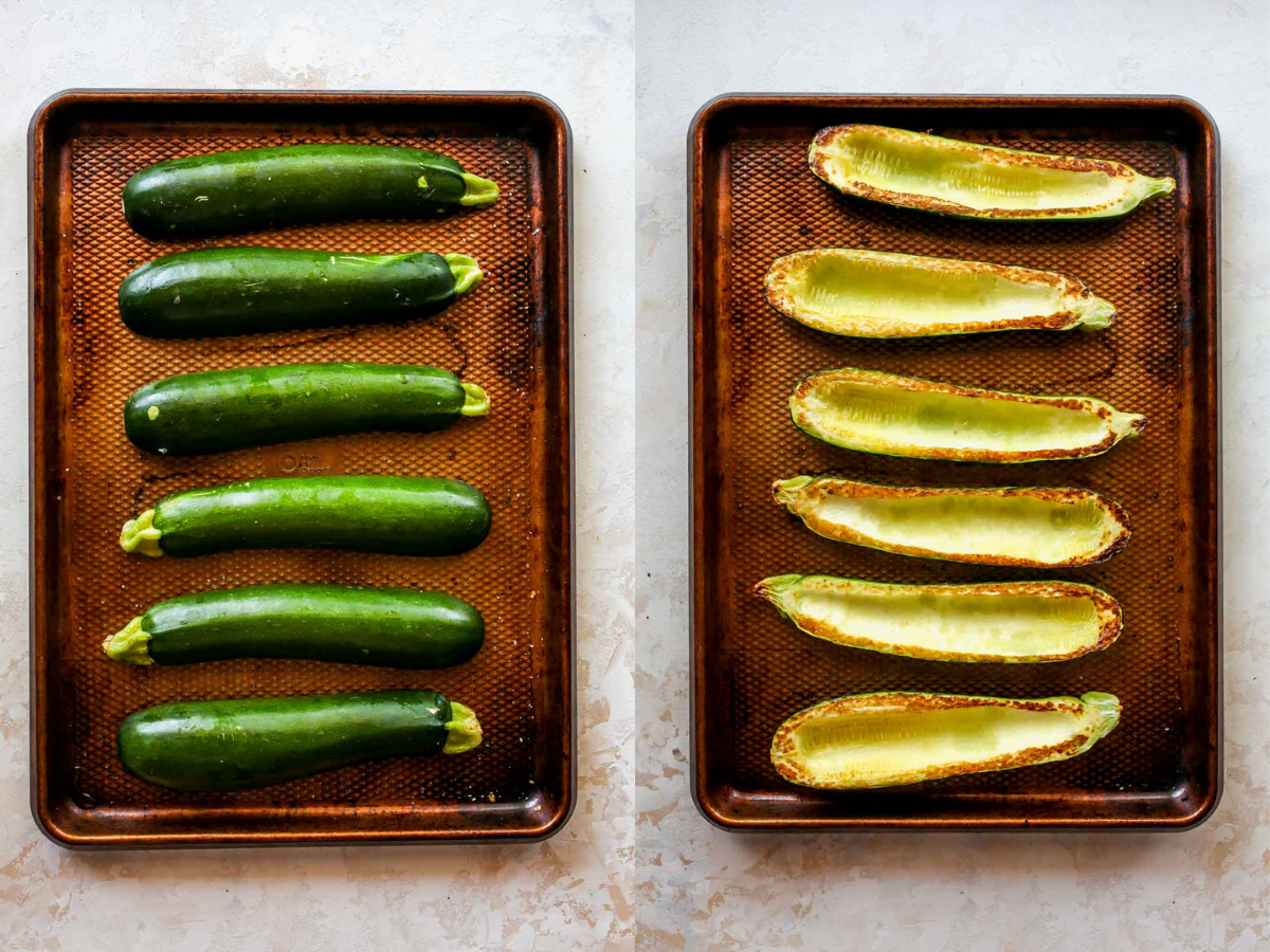 Zucchini halves being roasted on a sheet pan
