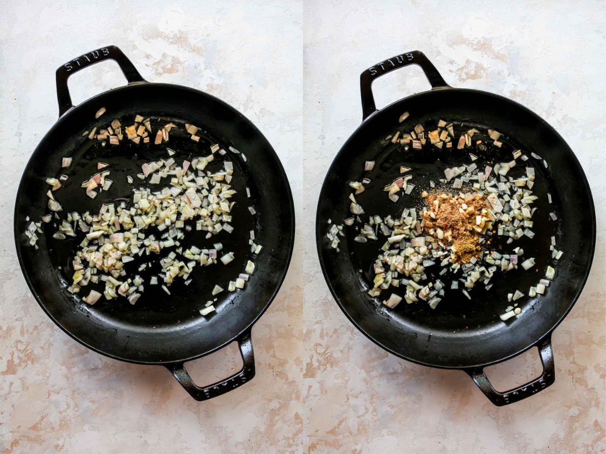 Shallots, garlic, and chili flakes being sautéed in a skillet
