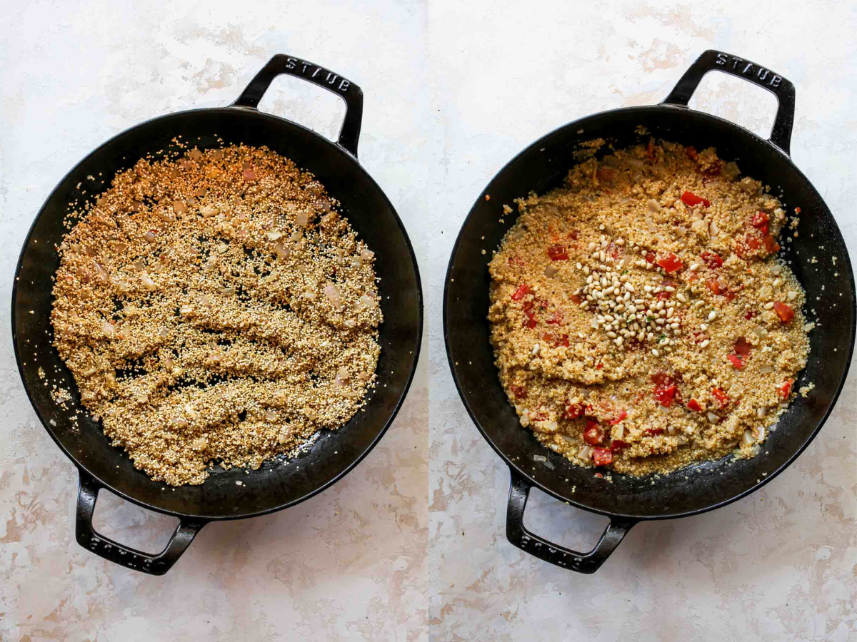 Quinoa being cooked in a skillet