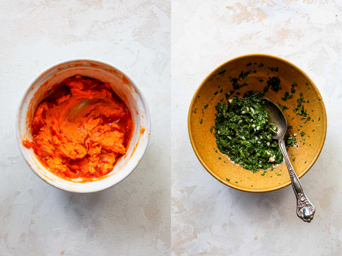 Harissa butter being mixed in a bowl, and parsley being mixed in a separate bowl