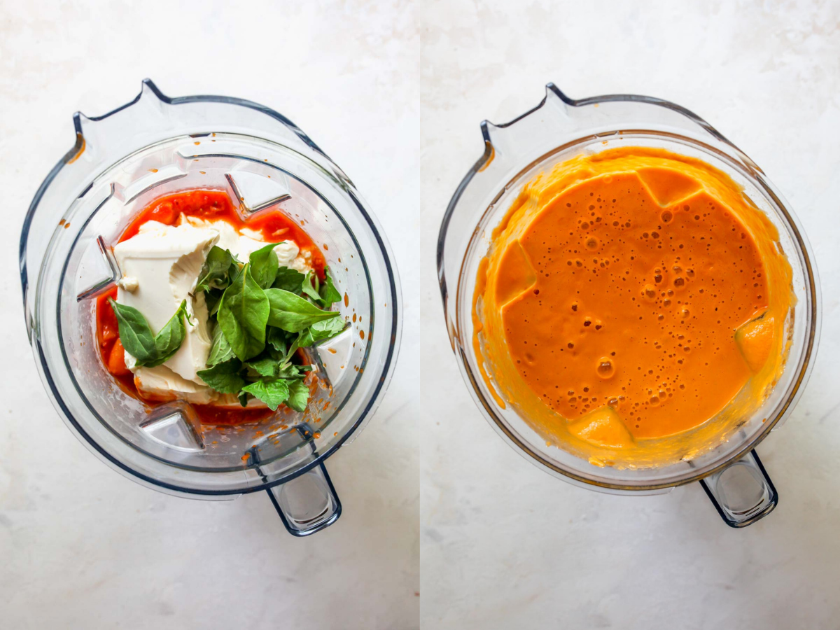 Tomatoes, tofu, and basil being blended until smooth in a blender
