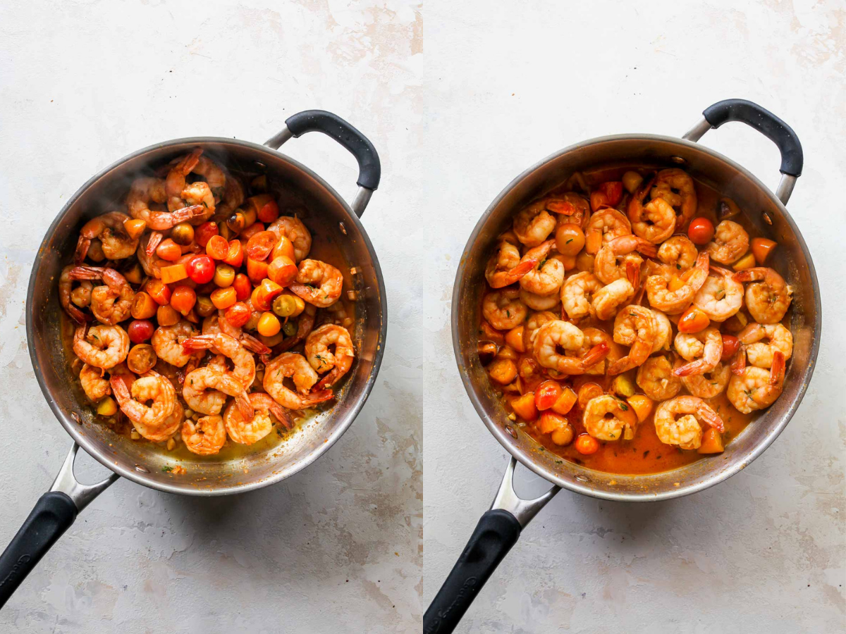 Shrimp, tomatoes, and white wine being sautéed in a skillet