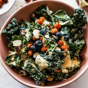 Blueberry Kale Caesar Salad with Crispy Chickpeas (Vegan)