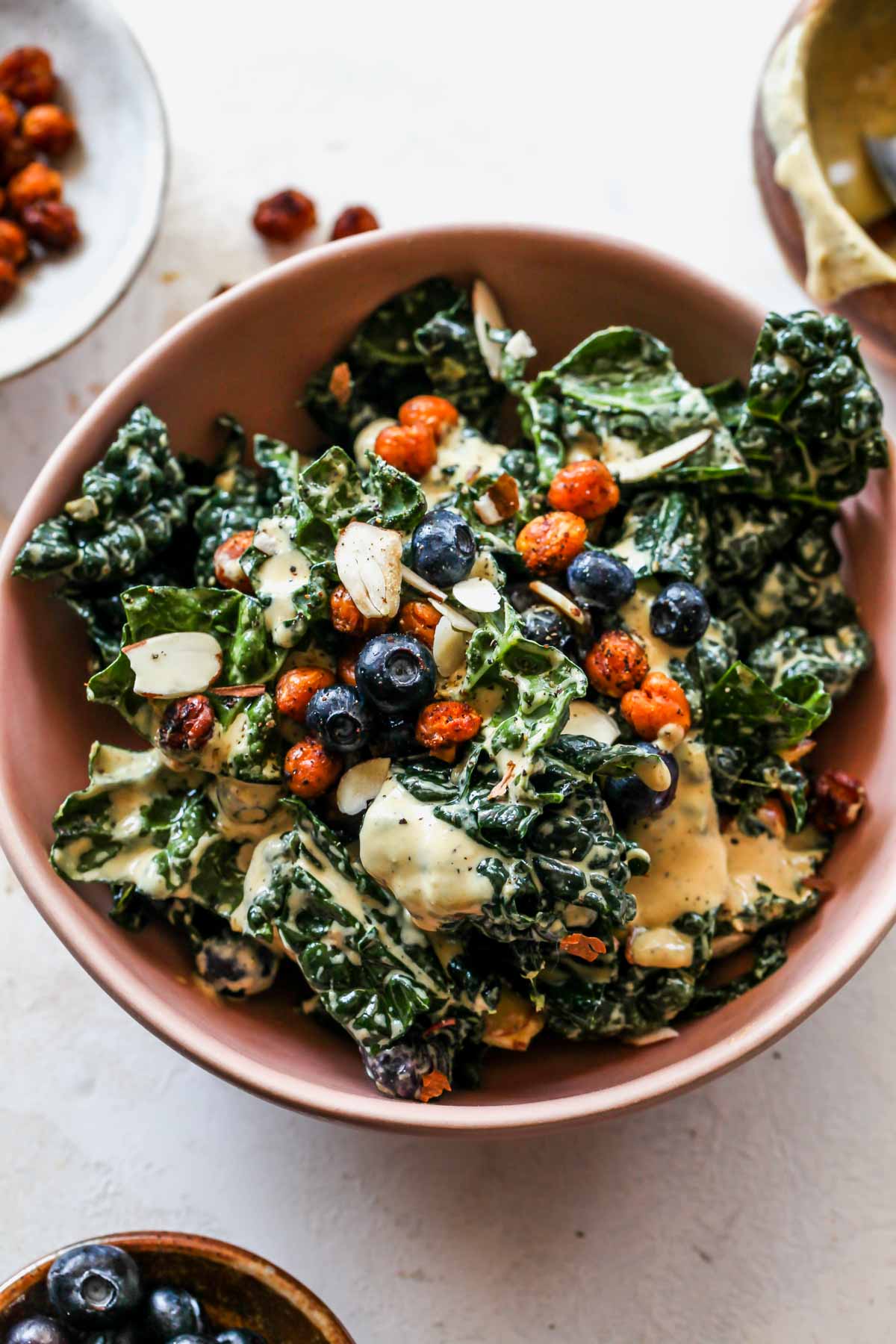 Serving of blueberry salad in a pink bowl
