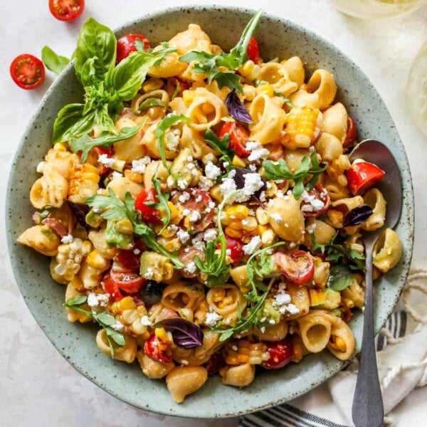 Creamy Macaroni Salad with Corn and Basil