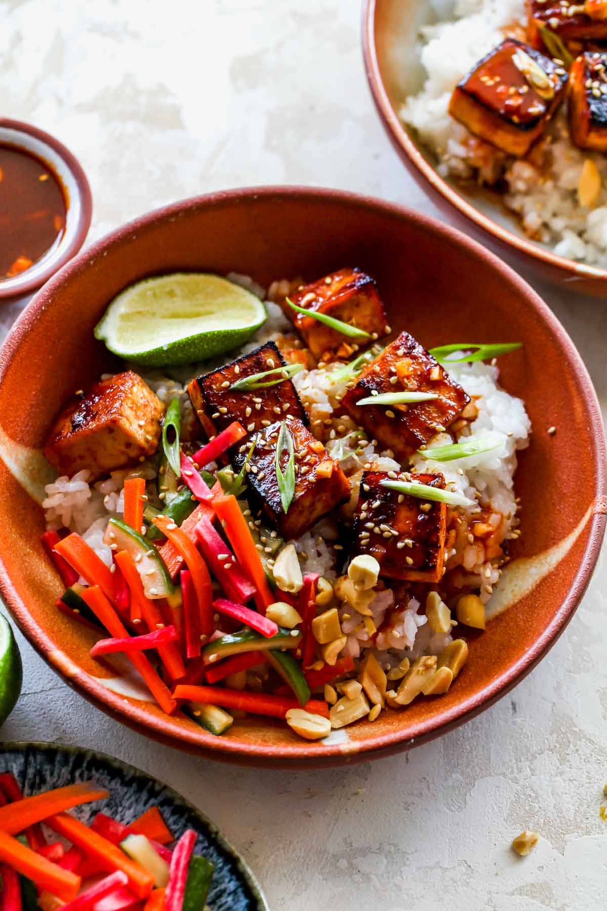Tofu and sushi rice styled in a bowl with gochujang sauce