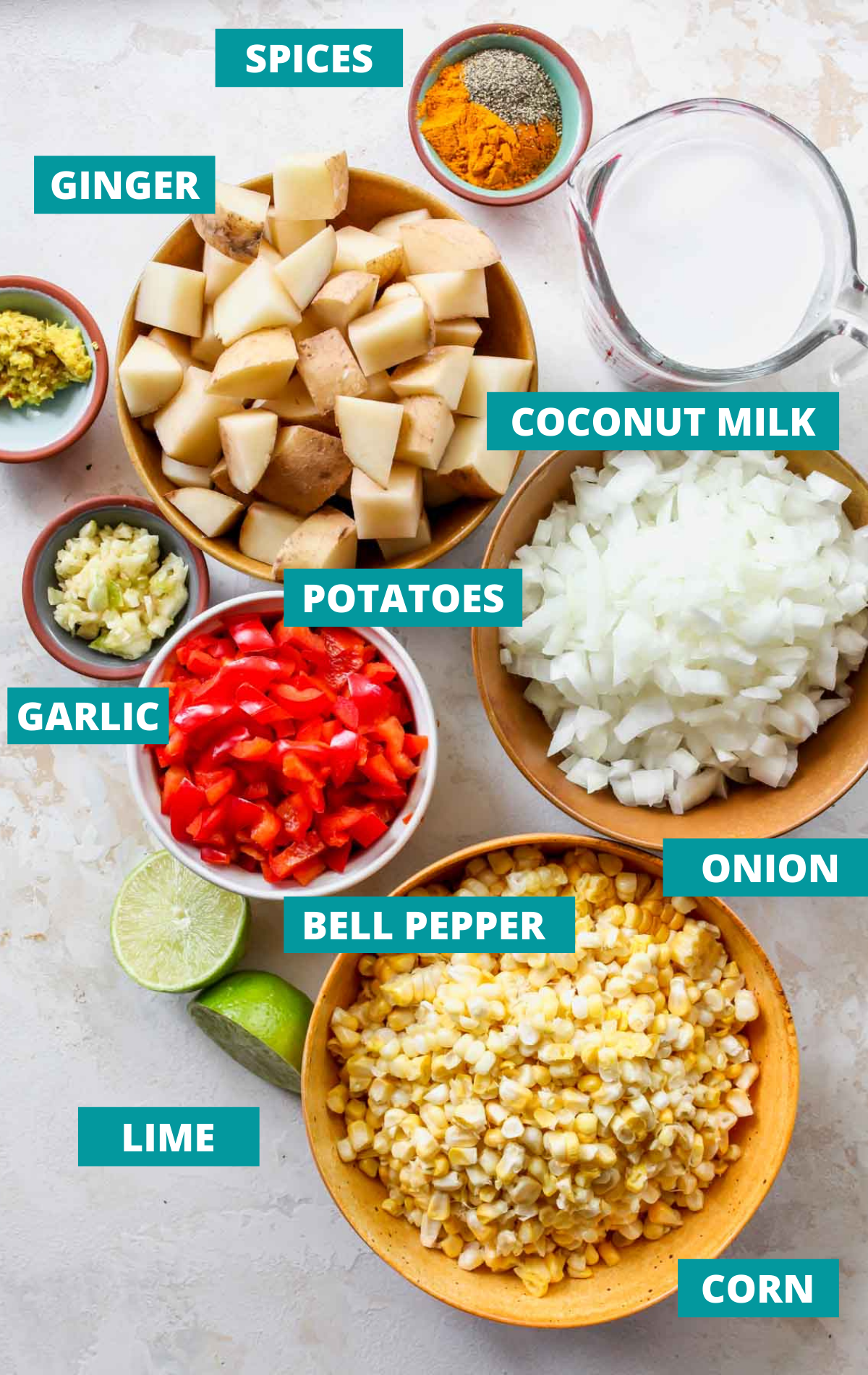 Chowder ingredients in separate bowls with blue labels