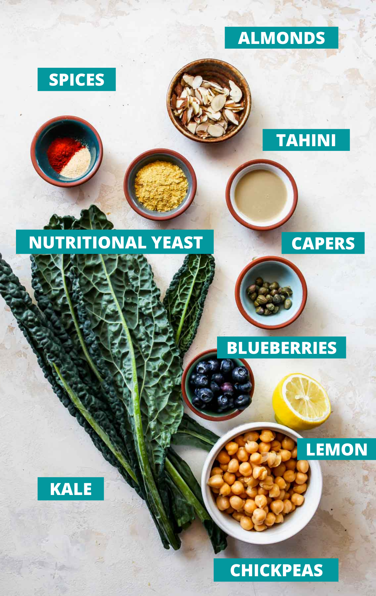 Recipe ingredients in separate bowls with blue labels