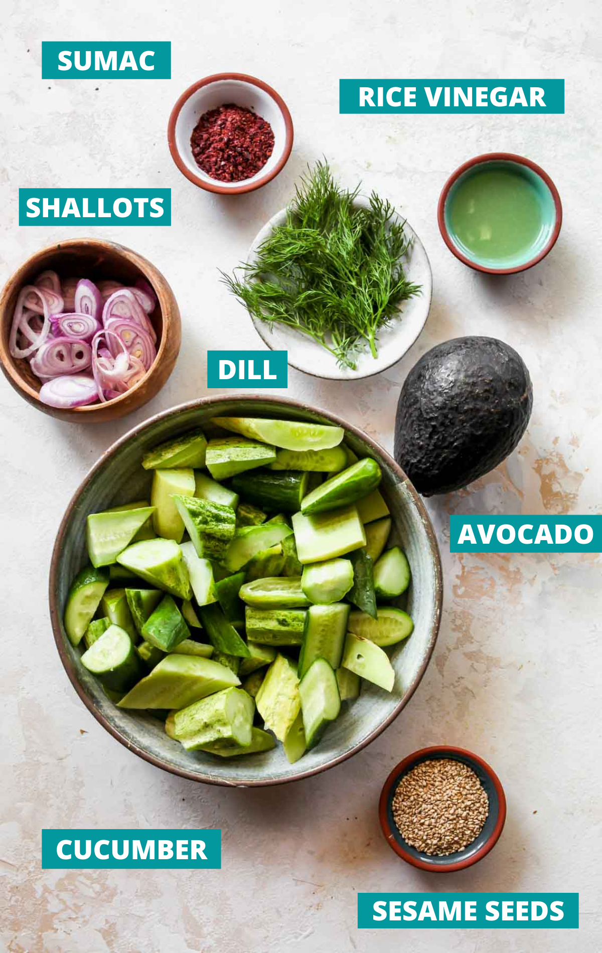 Recipe ingredients in separate bowls on a white board with blue labels