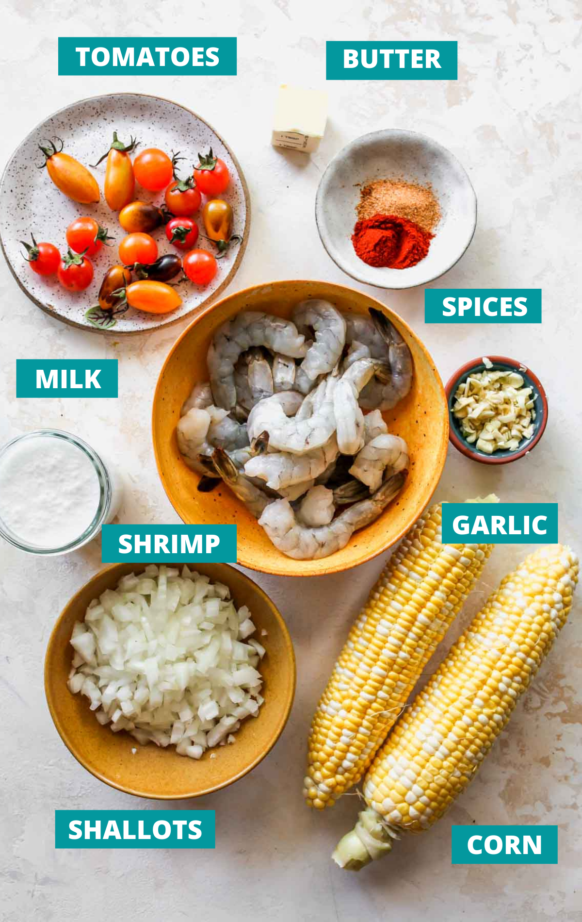 Recipe ingredients in separate bowls with blue labels