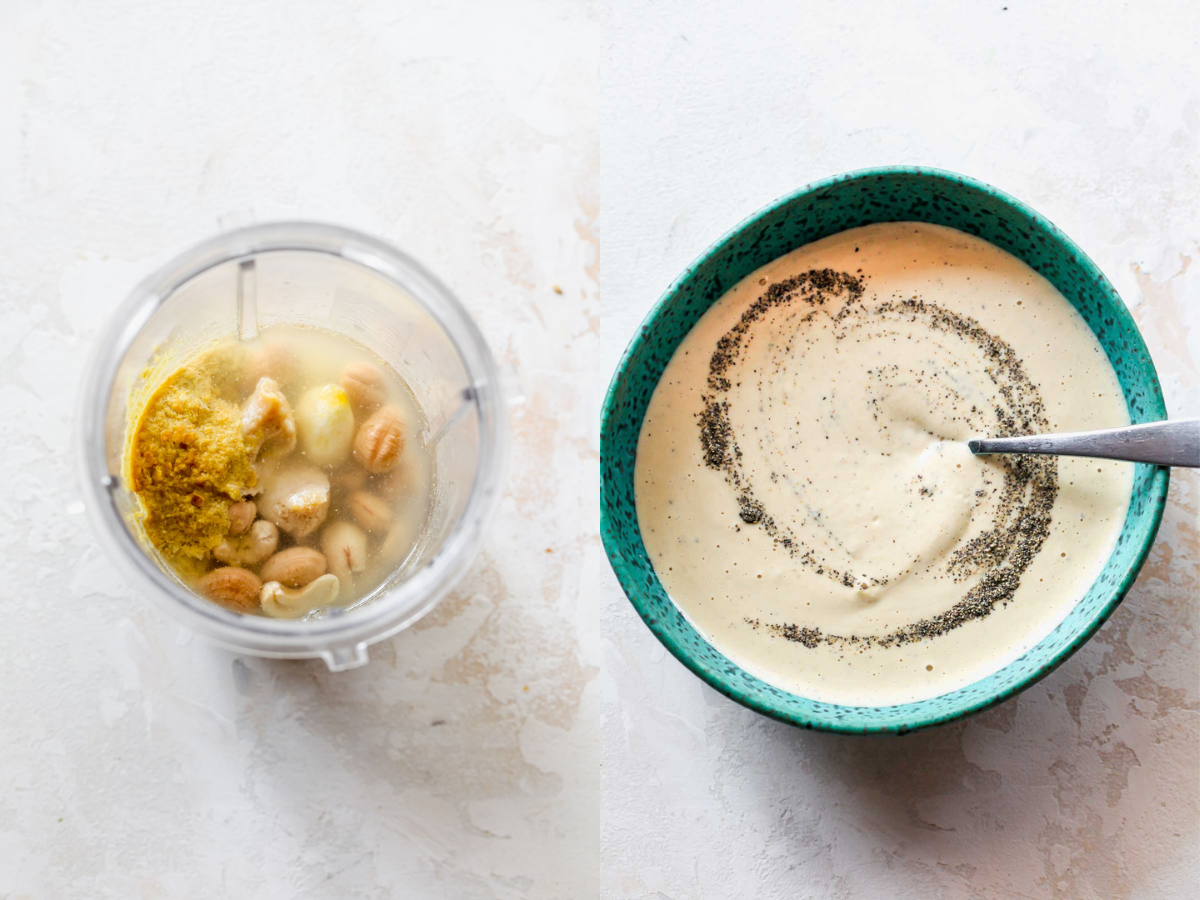 Cashews, lemon, miso, and nutritional yeast being blended and poured into a blue bowl