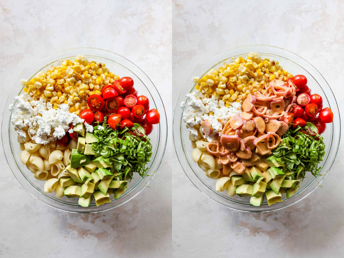 Macaroni salad ingredients being mixed together in a large bowl