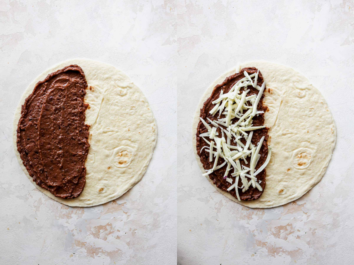 Beans and cheese being layered inside a tortilla