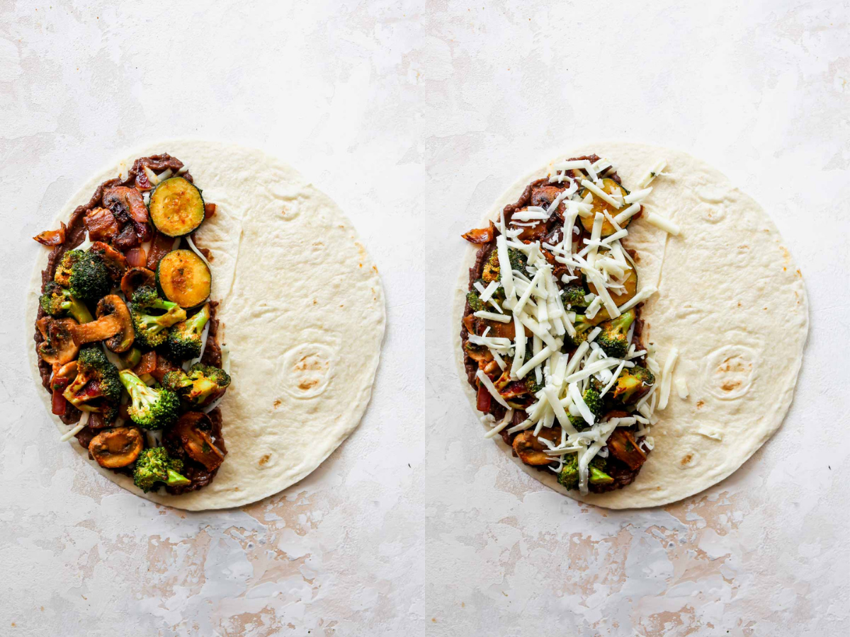 Veggies and more cheese being layered inside a flour tortilla
