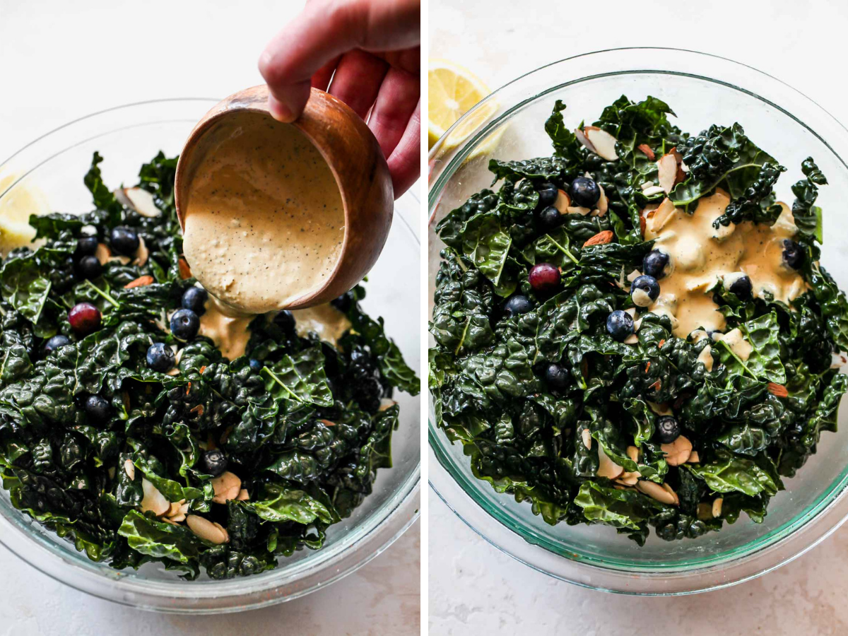 Tahini Caesar dressing being poured over a bowl of kale