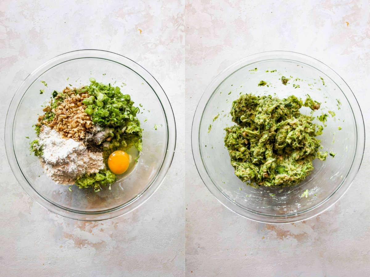 Egg, shredded zucchini, flour, and spices being mixed together in a clear bowl