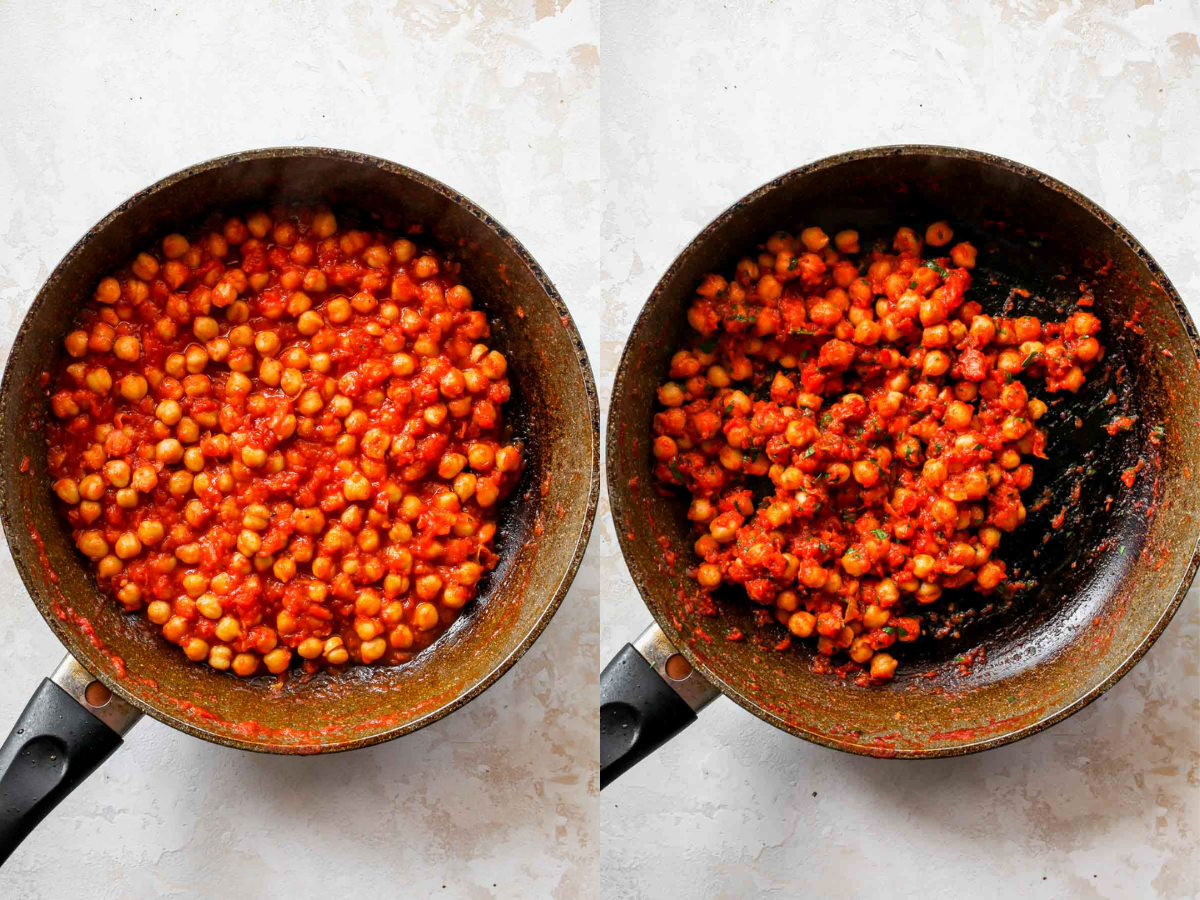 Chickpeas cooking in a skillet with harissa and crushed tomatoes.
