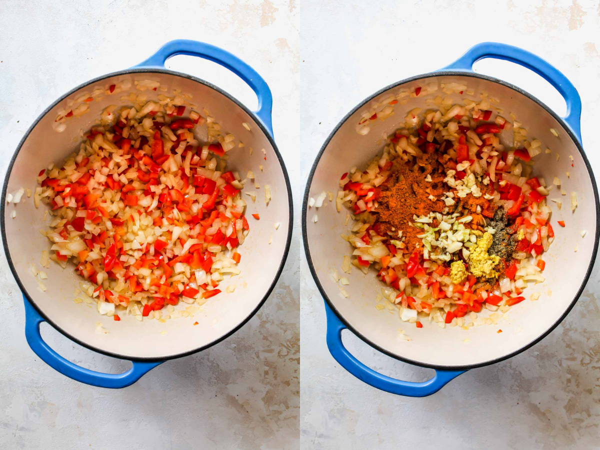 Onion, bell pepper, and spices sautéing in a pot