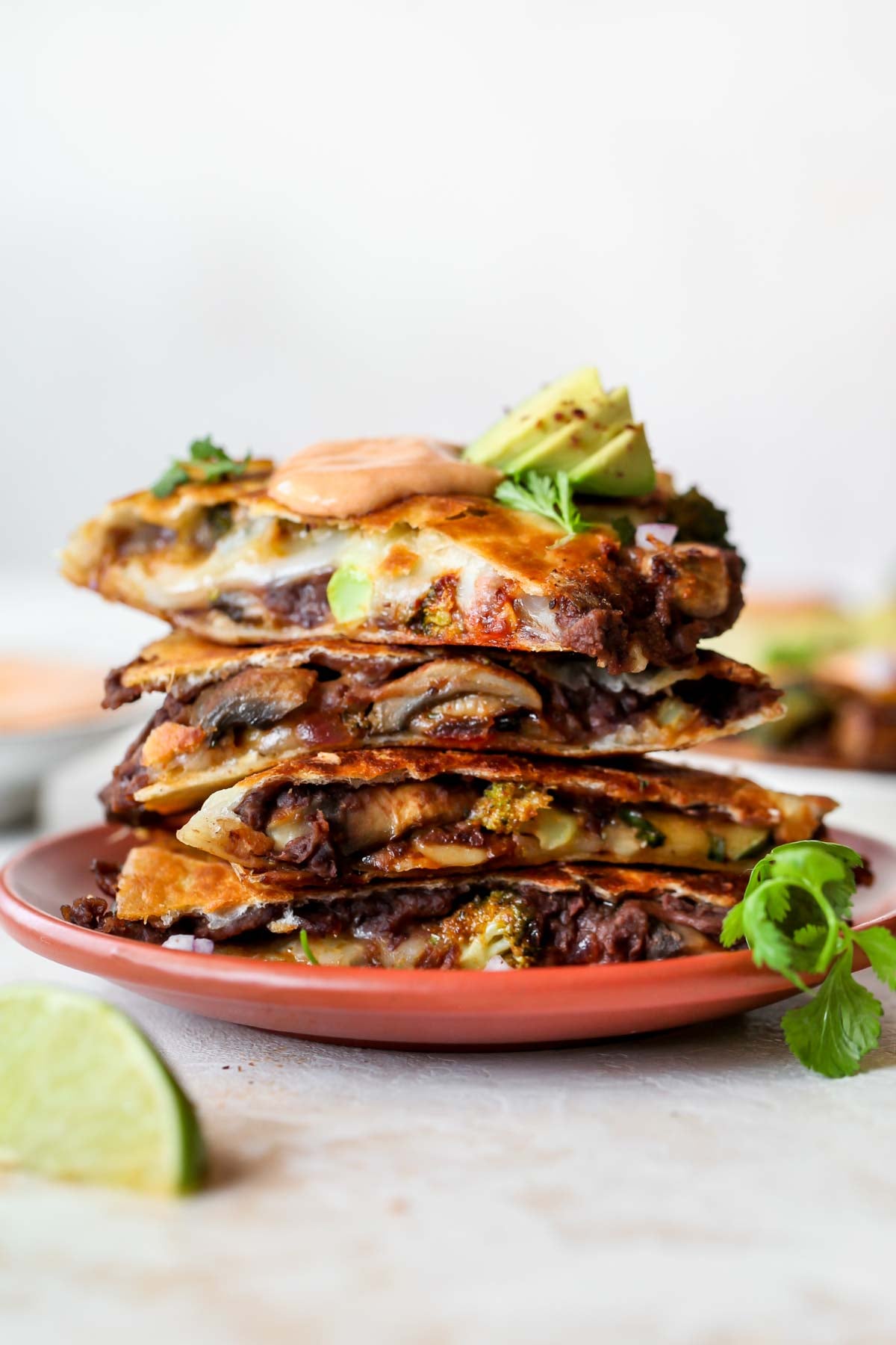A stack of veggie quesadillas layered on a plate