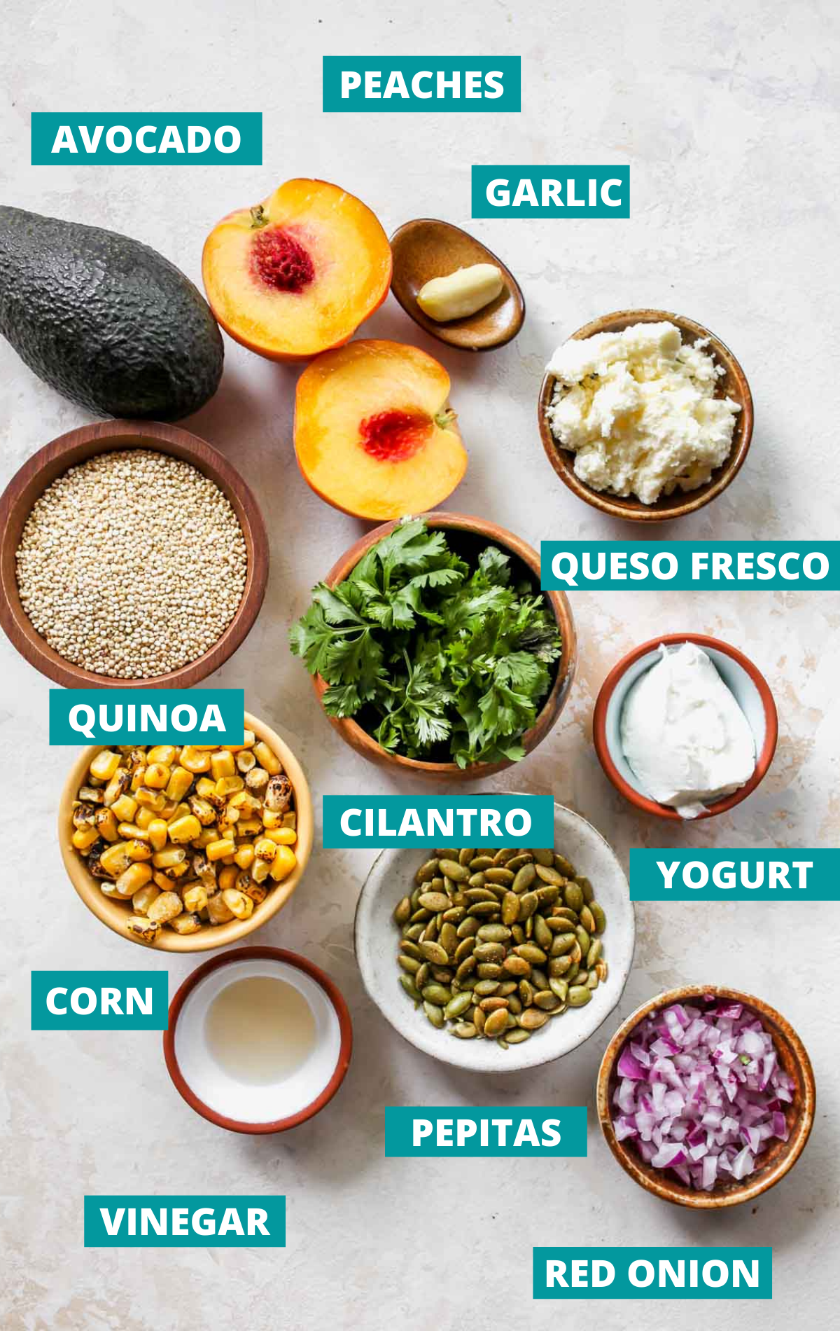 Recipe ingredients in separate bowls on a white board with blue labels