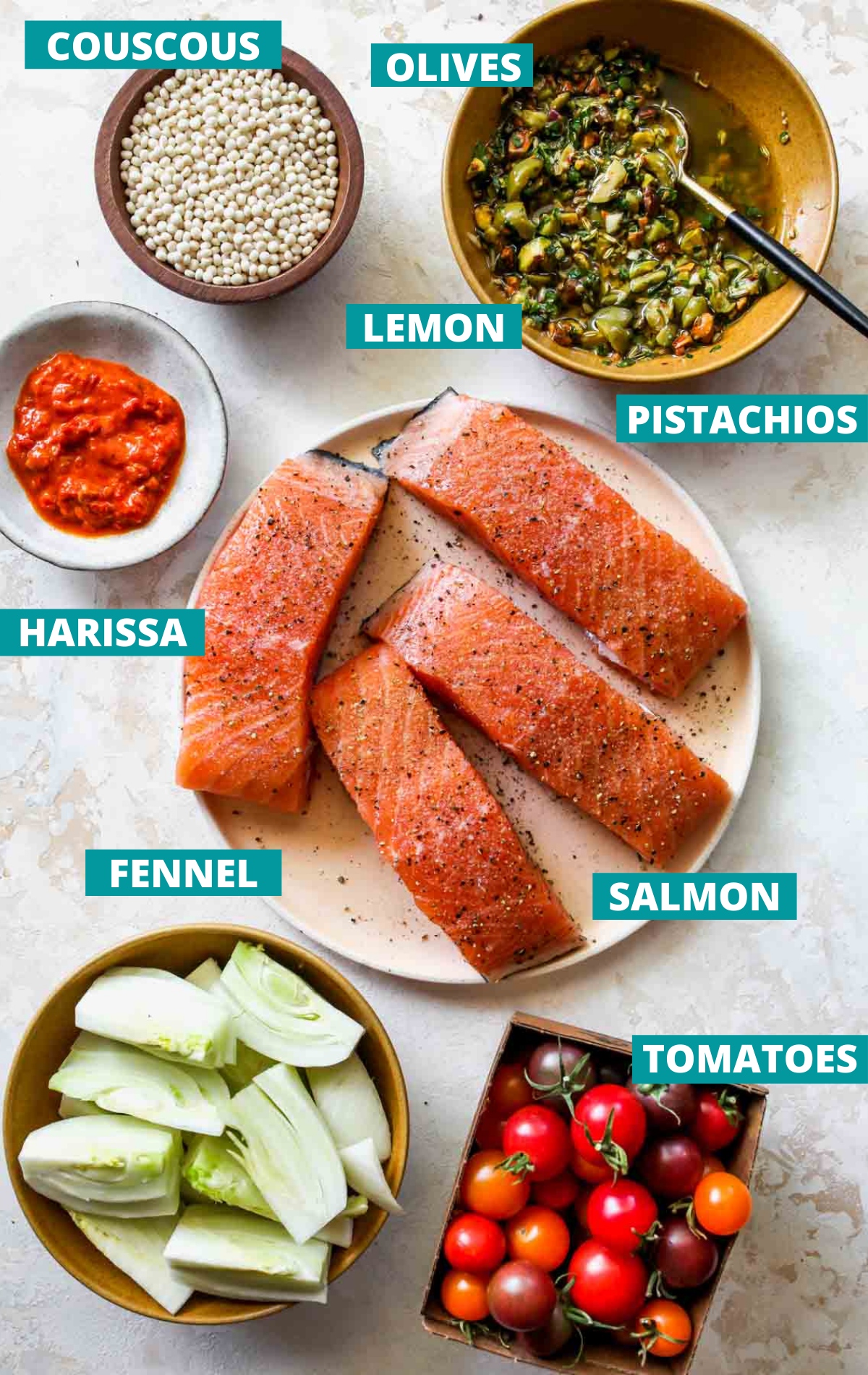 Salmon skillet ingredients on a white board with blue labels