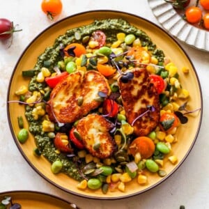 Pesto Corn Succotash with Fried Halloumi