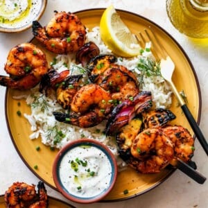 Greek-Marinated Shrimp Skewers with Creamy Lemon-Dill Sauce